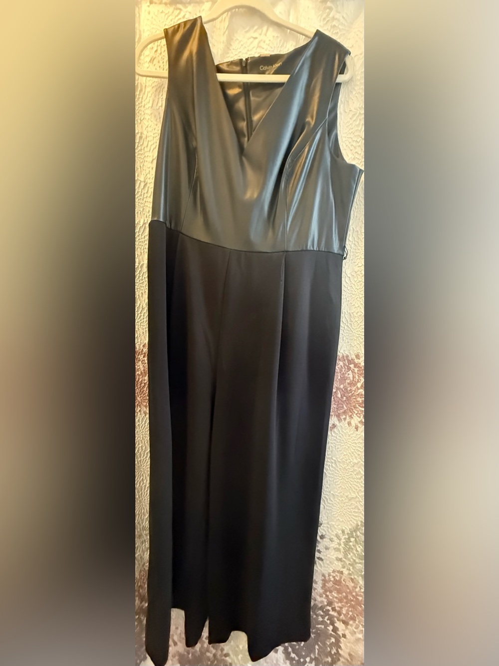 Calvin Klein Black Faux Leather Top Belted Wide Leg Jumpsuit Sz:16